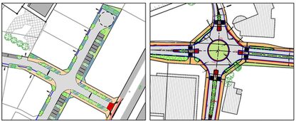Entwürfe von einem Erschließungsgebiet (l.) und einem Kreisverkehr. | Bild: FD Straßen- und Brückenbau